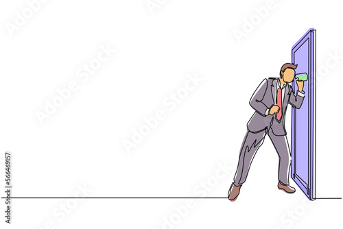 Single one line drawing young man eavesdropping at the door. Curious businessman listening to conversation. Privacy violation concept. Modern continuous line draw design graphic vector illustration