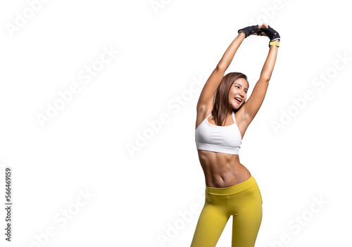 Shot of smiling young sporty Asian woman fitness model in white-top sportswear doing arms stretching. isolated on white background. Fitness and healthy lifestyle concept.