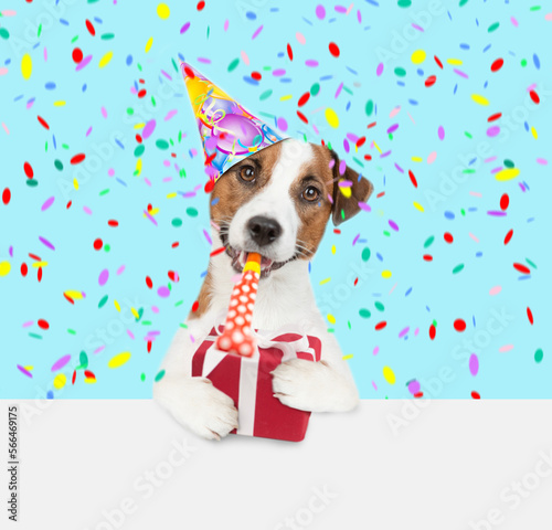 Jack russell terrier puppy wearing a party cap blows into party horn and holds gift box above empty white banner © Ermolaev Alexandr