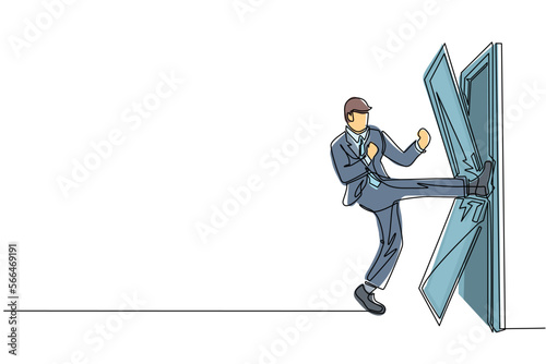 Single continuous line drawing businessman kicks the door until door shattered. Man kicking locked door and destroy. Business concept of overcoming obstacles. One line draw design vector illustration