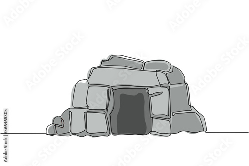 Continuous one line drawing prehistoric stone cave entrance sketch on isolated white background. Stone cave entrance flat composition icon symbol. Single line draw design vector graphic illustration