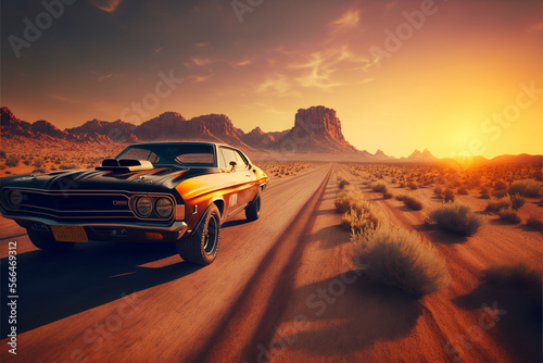 muscle car on desert road, Generative AI