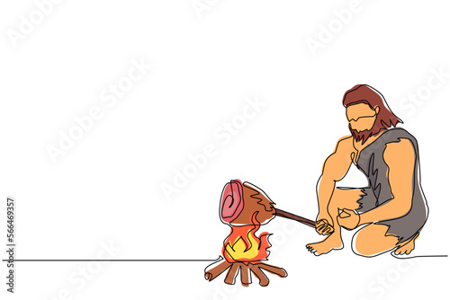 Continuous one line drawing prehistoric man sitting and cooking meat on bonfire. Caveman kneeling and cooking meat food on campfire. Ancient human. Single line draw design vector graphic illustration