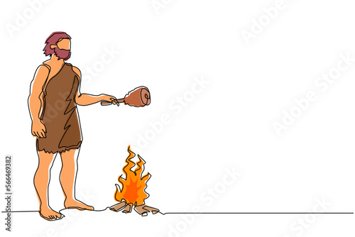 Continuous one line drawing prehistoric man standing and cooking meat on bonfire. Caveman stands and cooking meat food on campfire. Ancient, archaic human. Single line draw design vector illustration