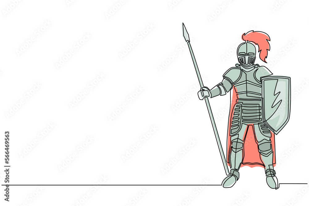 Single continuous line drawing full body armor suit, European medieval knight character with shield and spear, isolated on white background. Dynamic one line draw graphic design vector illustration Single continuous line drawing full body armor suit, European medieval knight character with shield and spear, isolated on white background. Dynamic one line draw graphic design vector illustration