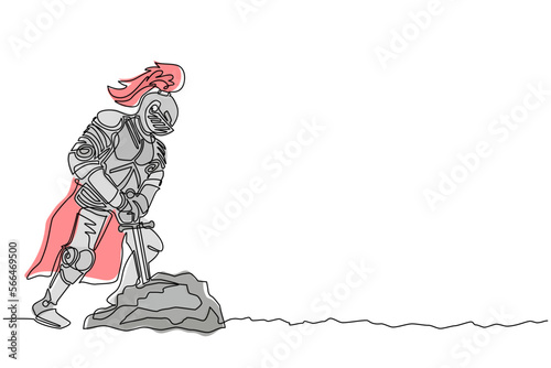 Continuous one line drawing medieval knight in armor, cape and helmet with feather. Warrior of middle ages standing tries to draw the excalibur sword from the stone. Single line draw design vector