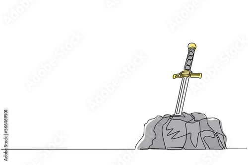 Continuous one line drawing Excalibur sword stuck or trapped in stone. Iconic scene from medieval European stories about King Arthur. Antique blade stuck in stone rock. Single line draw design vector