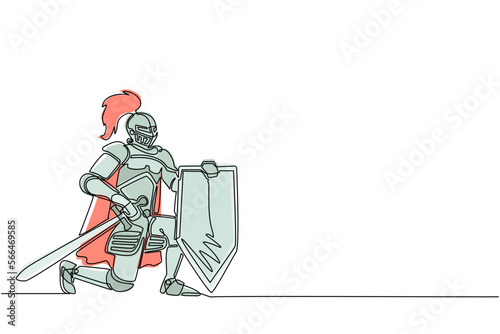 Single one line drawing medieval warrior kneeling and swearing allegiance. Knight in armor holding sword, shield, and giving oath on his knee. Continuous line draw design graphic vector illustration