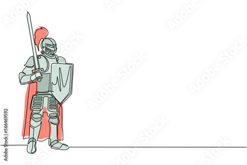 Single continuous line drawing medieval knight standing in armor and helmet holding shield and raised sword. Warrior of middle ages isolated. Chivalry figure. One line draw design vector illustration