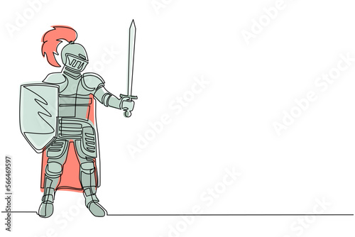 Single continuous line drawing medieval knight in armor, cape and helmet with feather. Warrior of middle ages standing, holding shield and raised sword. Chivalry figure. One line draw design vector