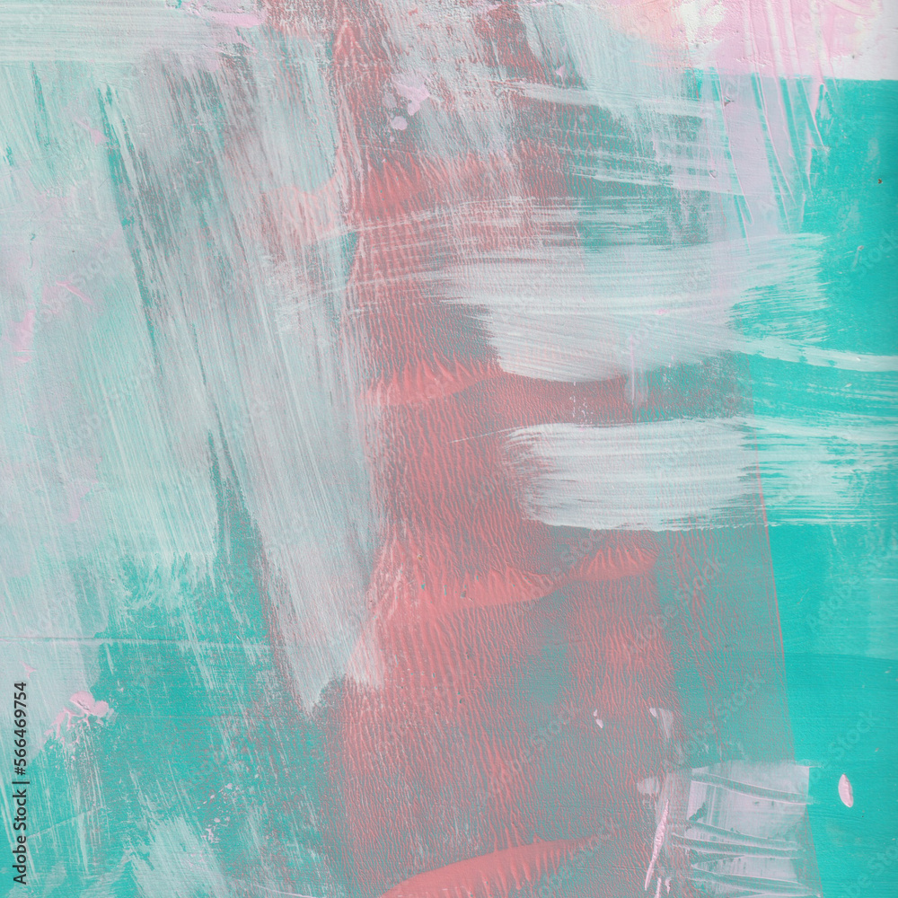 Collage and mixed media technique , abstract background painting. Turquoise blue and pink in main color.