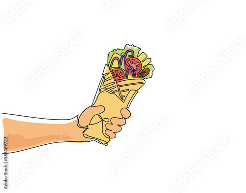 Single one line drawing hand holding shawarma food. Delicious arabic roll with meat, salad, tomato. Kebab with chicken and onion. For restaurant menu. Continuous line draw design vector illustration