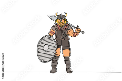 Continuous one line drawing norseman viking warrior raider barbarian wearing horned helmet with beard holding sword and shield on isolated white background. Single line draw design vector illustration