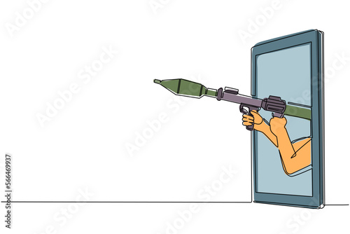Single continuous line drawing hand holding rocket launcher through mobile phone. Concept of RPG video games, e-sport, entertainment application for smartphones. One line draw graphic design vector