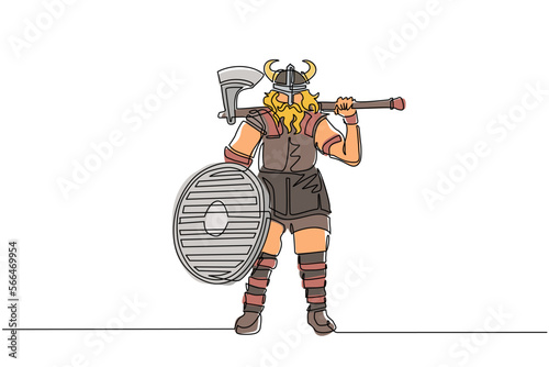 Single continuous line drawing norseman viking warrior raider barbarian wearing horned helmet with beard holding axe and shield on isolated white background. One line draw design vector illustration