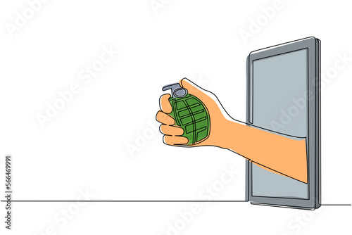 Continuous one line drawing hand holding grenade through mobile phone. Concept of warfare video games, e-sport, entertainment application for smartphones. Single line draw design vector illustration