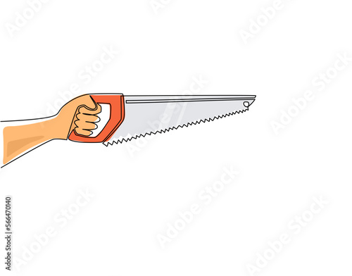 Continuous one line drawing hand holding saw. Saw on wood for sawing boards, plywood. Tool fitter, carpenter. Steel hacksaw for working with board. Single line draw design vector graphic illustration