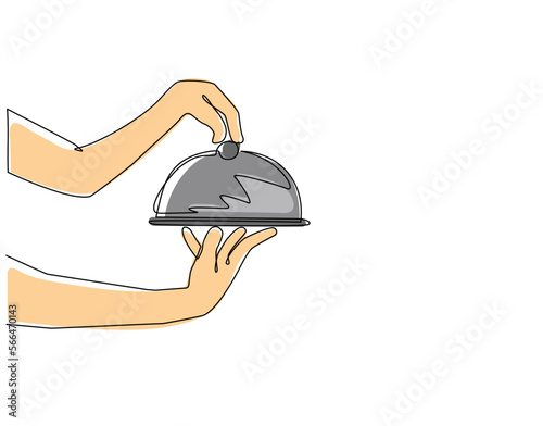 Single continuous line drawing hand holding stainless steel food cover. Metal restaurant cloche, stainless steel glove, serving dome or cloche. Dynamic one line draw graphic design vector illustration
