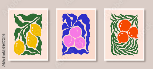 Abstract Floral Posters Set with Lemon, Pomegranate and Peach Fruits and Leaves . Modern Botanical Prints. Groovy Vector