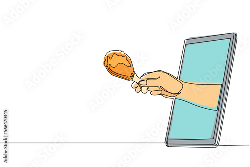 Single one line drawing hand holding fried chicken drumstick through mobile phone. Concept of restaurant order delivery online food. Application for smartphones. Continuous line draw design vector