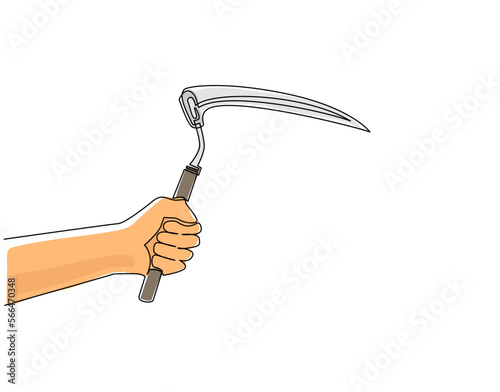 Continuous one line drawing hand holding farm scythe. Scythe agricultural hand tool for mowing grass or reaping crops, sketch engraving isolated. Single line draw design vector graphic illustration