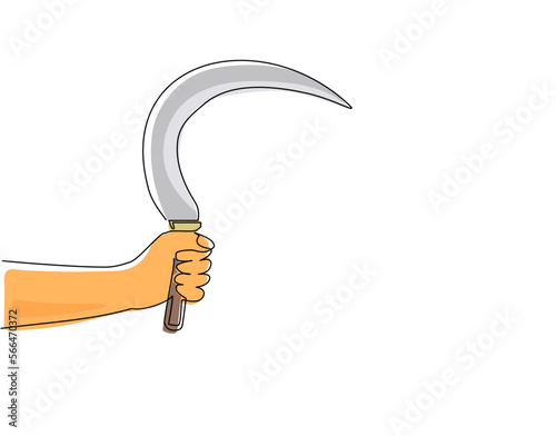 Single continuous line drawing hand holding farm sickle. Sickle agricultural hand tool for mowing grass or reaping crops, sketch engraving flat isolated. Dynamic one line draw graphic design vector