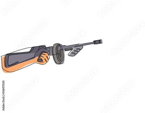 Continuous one line drawing hand holding tommy gun. Thompson submachine gun weapon. Mafia or gangster submachine gun. Emblem icon for e-sport team. Single line draw design vector graphic illustration