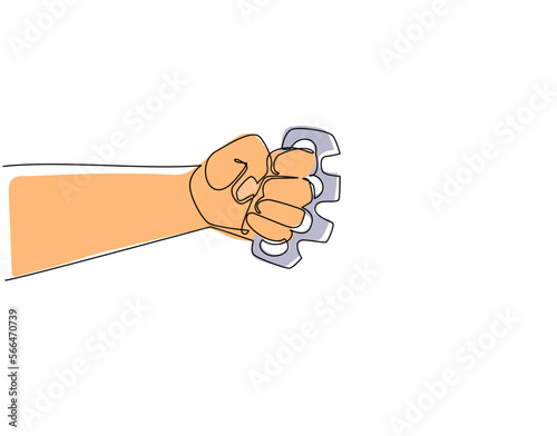 Continuous one line drawing hand with brass knuckles. Vintage retro woodcut criminal brass knuckle weapon. Can be used like emblem, logo, badge. Single line draw design vector graphic illustration