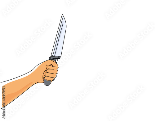 Single one line drawing hand holding kitchen knife. Hand with knife icon. Sharp, utensil. Equipment. Knife used for topics like kitchen, cooking, chef. Continuous line draw design vector illustration