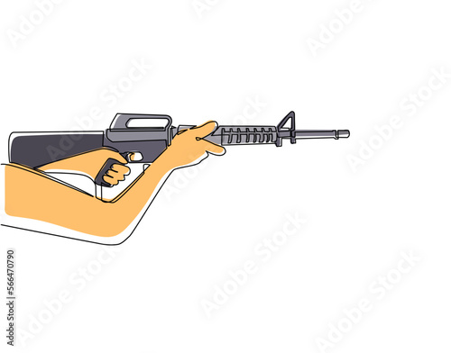 Single one line drawing hand holding automatic machine M-16. Tactical assault rifle. Army and police weapons. Powerful deadly weapon for special unit fire arm. Continuous line draw design vector