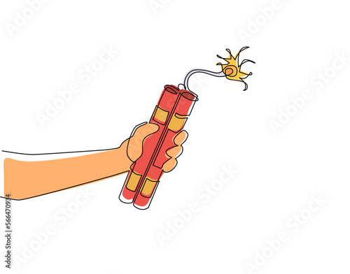 Continuous one line drawing hand holding dynamite. Dynamite bomb with burning wick. Military detonate weapon. TNT weapon before explosion moment. Single line draw design vector graphic illustration