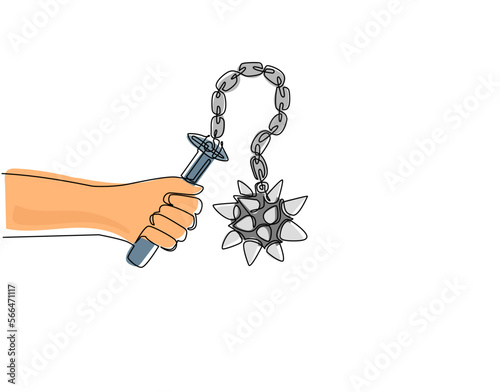 Continuous one line drawing hand holding flail with spiked ball. Medieval weapon - spiked metal ball with chain and wooden handle. Knight equipment icon. Single line draw design vector illustration