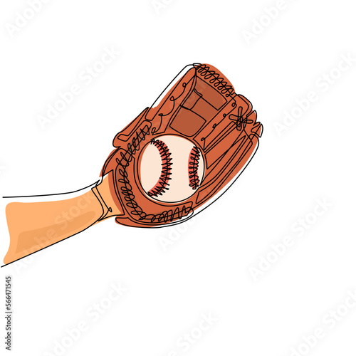 Single continuous line drawing baseball player hand holding ball with glove. Catcher concept. Sports equipment stock. Mitt holding baseball ball. One line draw graphic design vector illustration