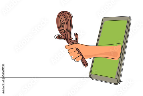 Continuous one line drawing hand holding weapon cudgel through mobile phone. Concept of video games, e-sport, entertainment application for smartphones. Single line draw design vector illustration