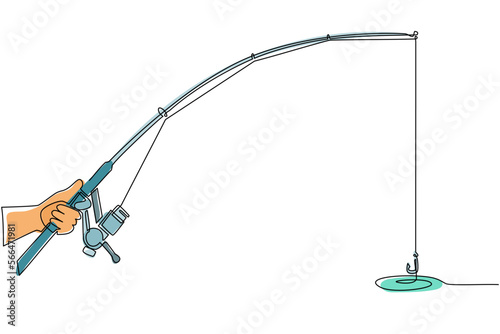 Continuous one line drawing fisherman hand holding fishing rod. Fisherman holds fishing rod with reel in his hands, spinning rods. Fishing rod close up. Single line draw design vector illustration