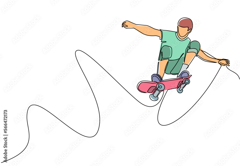 Single one line drawing young cool skateboarder man riding skateboard and doing a jump trick in skate park. Extreme teenager sport. Healthy sport lifestyle concept. Continuous line draw design vector