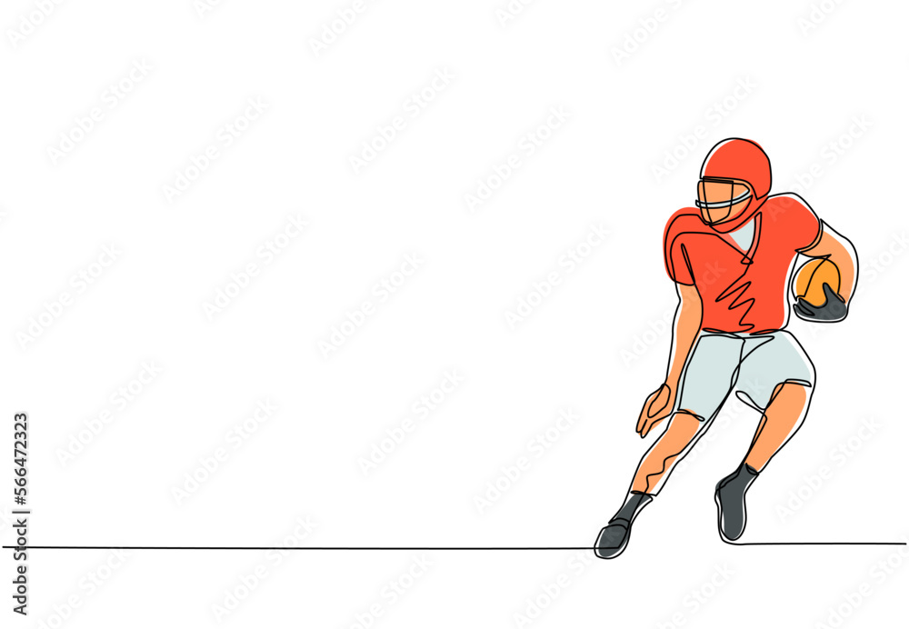 Fototapeta premium Single one line drawing young energetic american football player running to avoid opponents for league promotion. Sport competition concept. Continuous line draw design graphic vector illustration