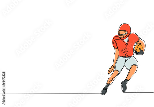 Single one line drawing young energetic american football player running to avoid opponents for league promotion. Sport competition concept. Continuous line draw design graphic vector illustration