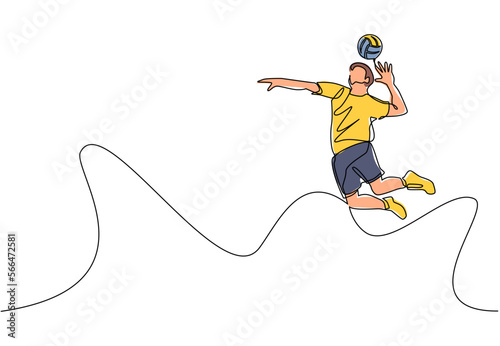 Continuous one line drawing young man volleyball athlete player in action jumping spike on court. Team sport game tournament. Health activity exercise. Single line draw design vector illustration