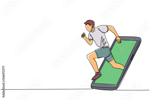 Single one line drawing man runner focus to run fast at track, getting out of smartphone screen. Mobile sports play matches. Online run game with live mobile app. Continuous line draw design vector