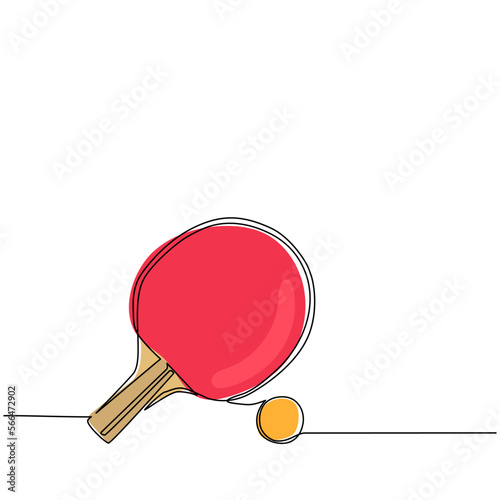 Single continuous line drawing table tennis racket and ball. Ping-pong sport game. Sports equipment. Ping pong racket and ball icon close up isolated on white background. One line draw design vector