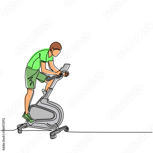 Single one line drawing man doing cardio. Stationary bike. Spinning exercise. Young man doing routine exercise at home using static bike. Modern continuous line draw design graphic vector illustration