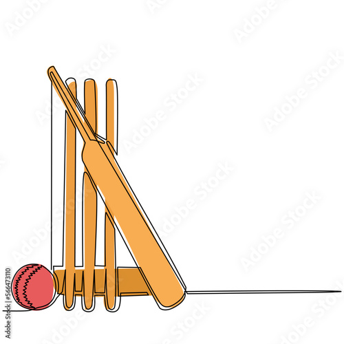 Continuous one line drawing cricket bat, ball, and wicket stumps isolated on white. Set equipment for cricket game. Competitive and challenging team sport. Single line draw design vector illustration