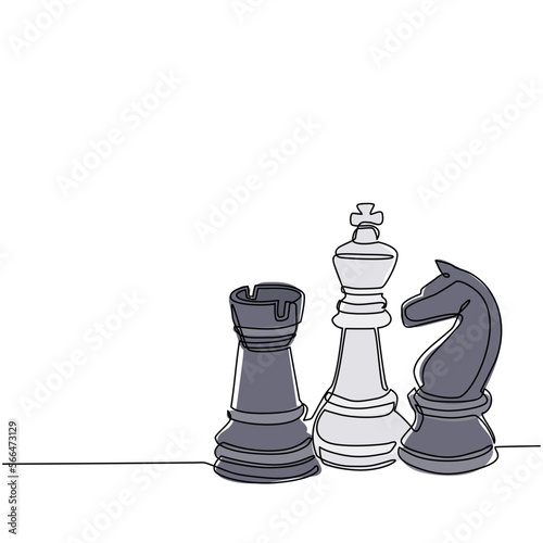 Single continuous line drawing chess pieces silhouette icon set isolated on white background. Black chess figures bishop, knight, rook game design elements. One line draw design vector illustration