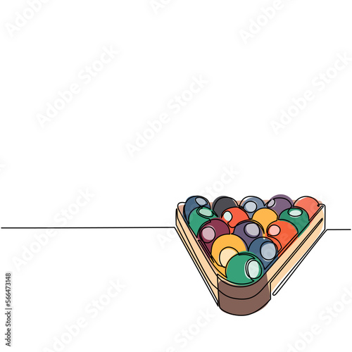 Single continuous line drawing pool or American billiards balls in triangle. Snooker balls with numbers in wooden rack for pool room sport game or championship tournament. One line draw design vector
