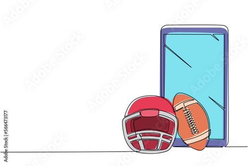 Single continuous line drawing American football helmet and ball with smartphone. Mobile sports play matches. Online American football game with live mobile app. One line draw graphic design vector
