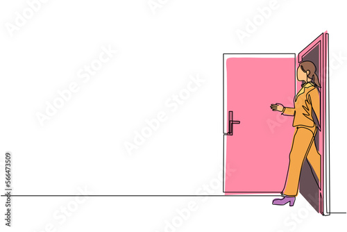 Single continuous line drawing businesswoman on white background walking through an open door frame. New business ventures. Entering new market. Career growth. One line draw graphic design vector