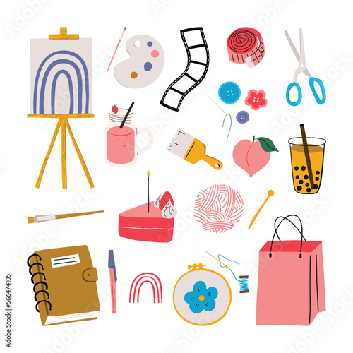 Hobby Lifestyle Self care Mental Health Concept Illustration. Painting, Sewing, Shopping, Knitting
