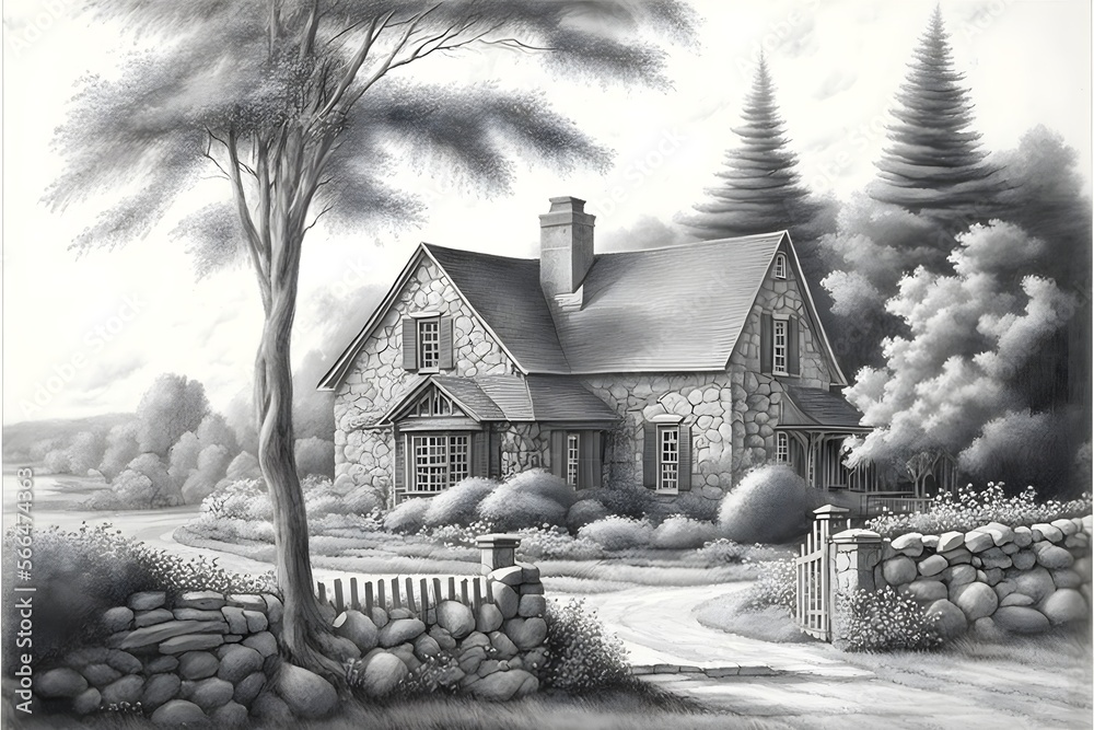 graphite drawing landscape rock wall country cottage thomas kincade
