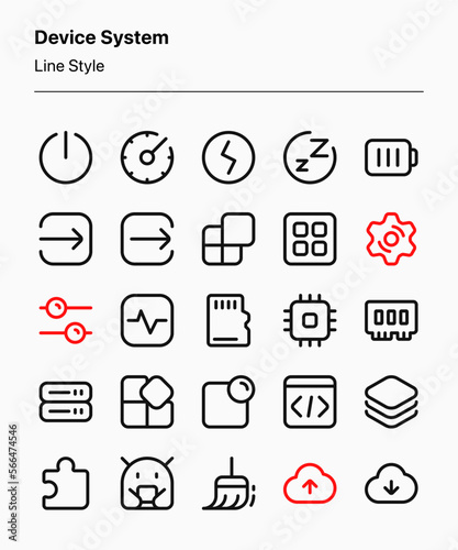Customizable set of device system icons in line style covering the software and hardware elements. Perfect for app, website, phone, and computer interfaces, presentations, graphic design, etc